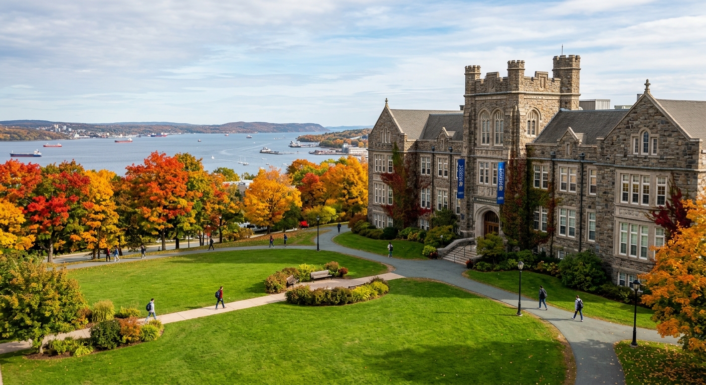 Historic stone university building at Mount Saint Vincent University campus in Halifax, Nova Scotia, with green lawns, autumn foliage, and a view of Bedford Basin harbour in the background