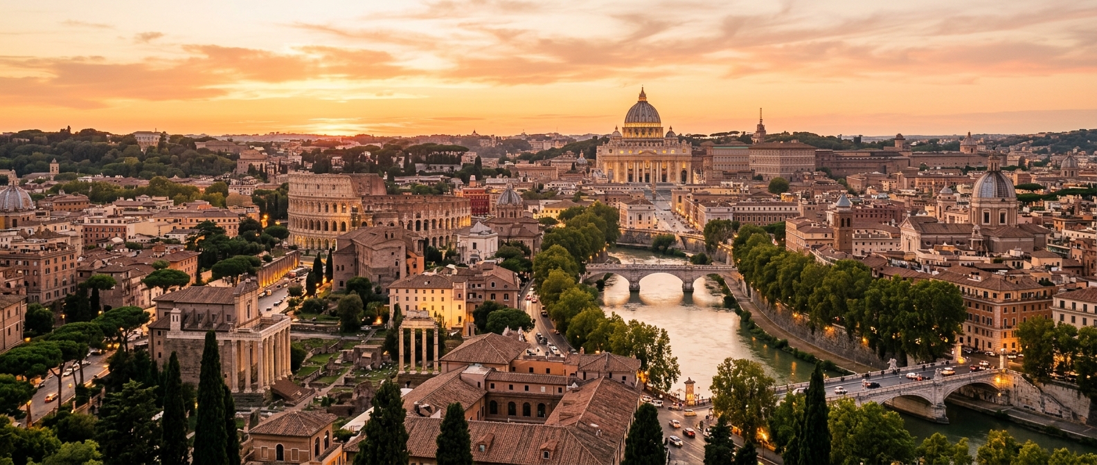 Panoramic view of Rome skyline at golden hour, St. Peter's Basilica dome, Tiber River, ancient Roman ruins, terracotta rooftops, cypress trees, warm sunset colors