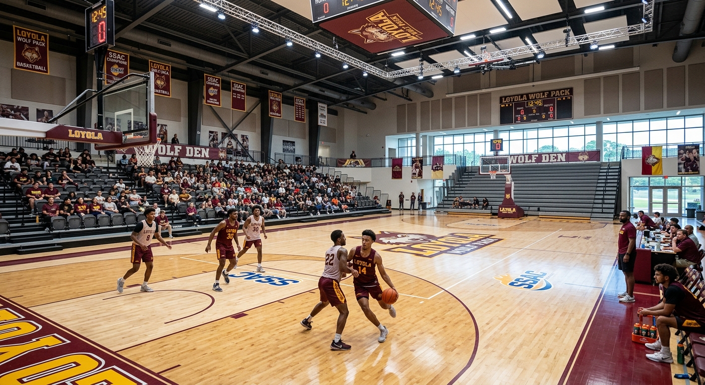 University Sports Complex at Loyola University New Orleans, indoor basketball court with Wolf Pack branding, modern lighting and seating, athletes practicing