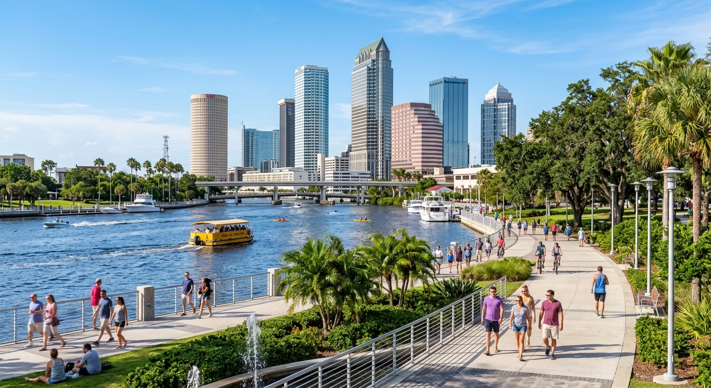 Downtown Tampa waterfront with the Riverwalk along the Hillsborough River, modern architecture, lush green spaces, pedestrians walking, sunny Florida day