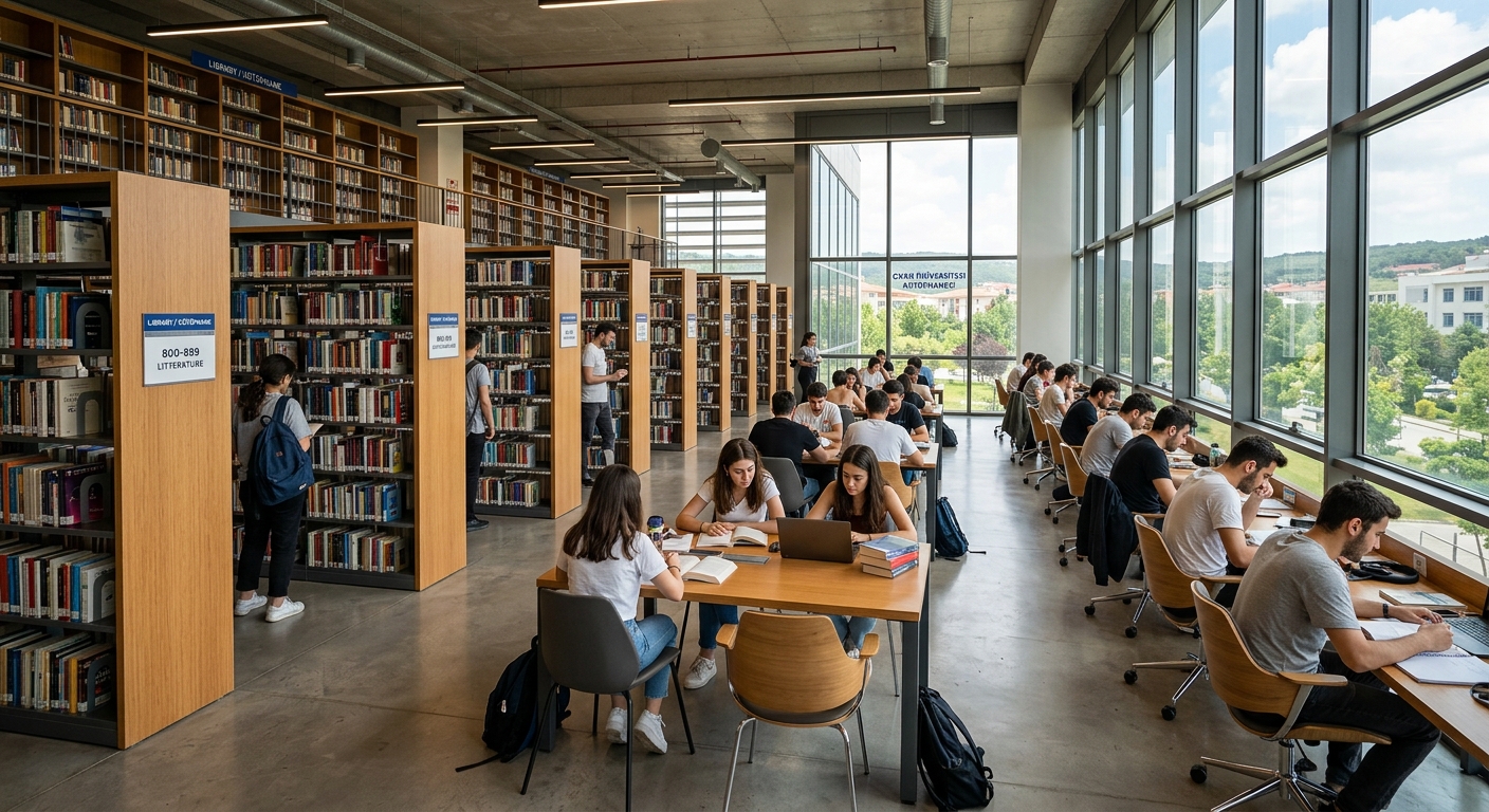 Istanbul Okan University library interior, rows of bookshelves, modern study areas with students reading, large windows with natural light
