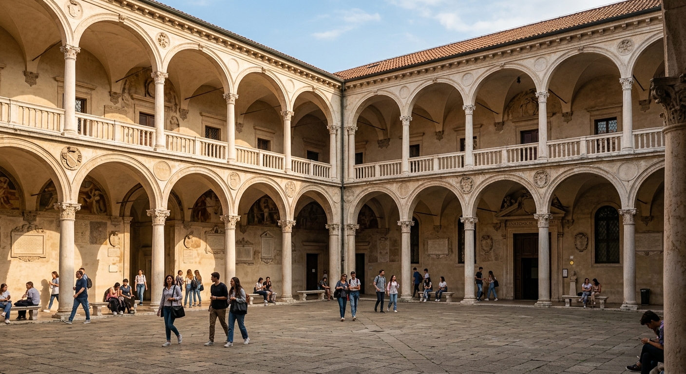 Palazzo Bo main courtyard with Renaissance loggia, historic stone arches, and the famous anatomical theatre entrance, warm daylight