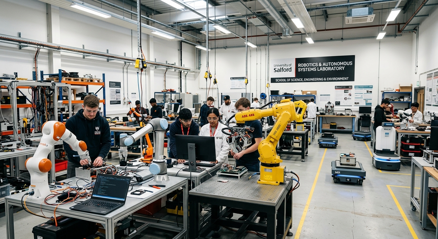 Modern robotics laboratory at University of Salford with robotic arms, autonomous mobile robots, and students working on engineering projects, bright overhead lighting and industrial equipment visible