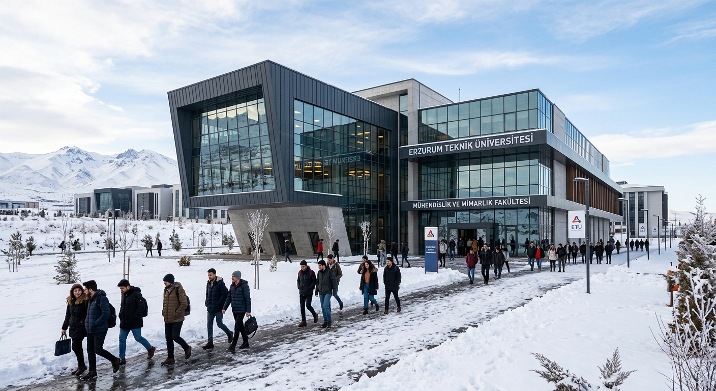 Erzurum Technical University modern faculty building exterior, contemporary architecture with large glass windows, snow-dusted landscape, students walking on pathways