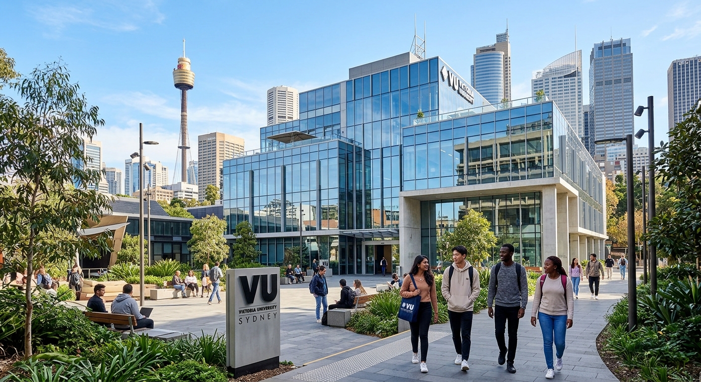 Modern Victoria University Sydney campus building with glass facade, international students walking through courtyard, city skyline in background, bright sunny day in Sydney Australia
