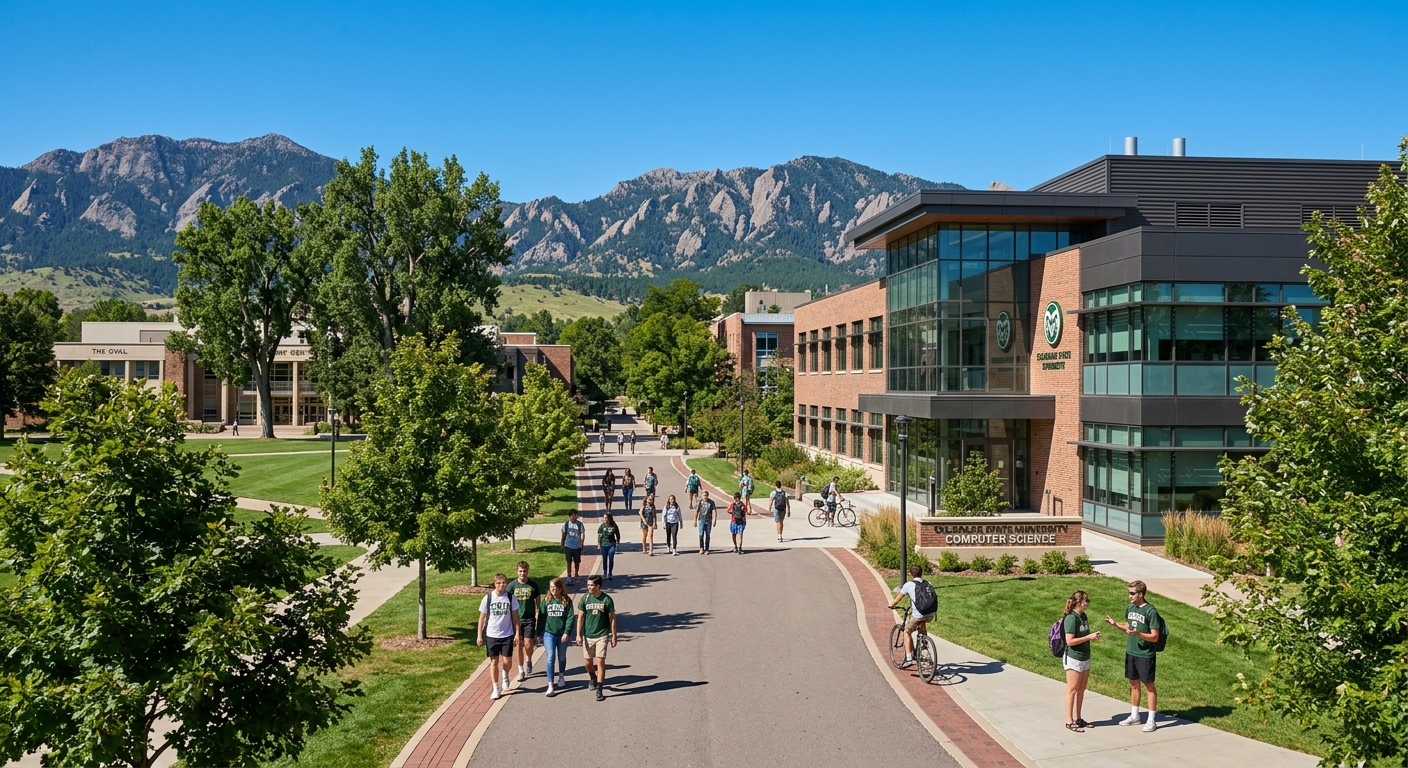 Colorado State University campus in Fort Collins with the Rocky Mountain foothills in the background, modern computer science building, students walking on tree-lined pathways under clear blue Colorado sky