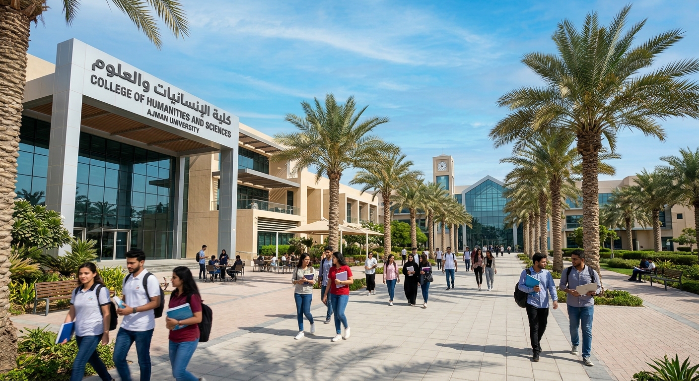 Modern Ajman University campus with contemporary architecture, palm trees lining walkways, students walking between buildings under clear blue UAE sky, College of Humanities and Sciences building visible