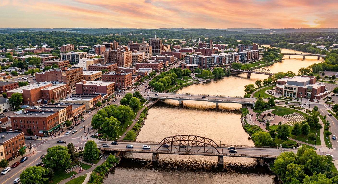 Downtown Eau Claire Wisconsin cityscape at golden hour, Chippewa River flowing through the center, bridges connecting neighborhoods, historic buildings mixed with modern development, tree-lined streets