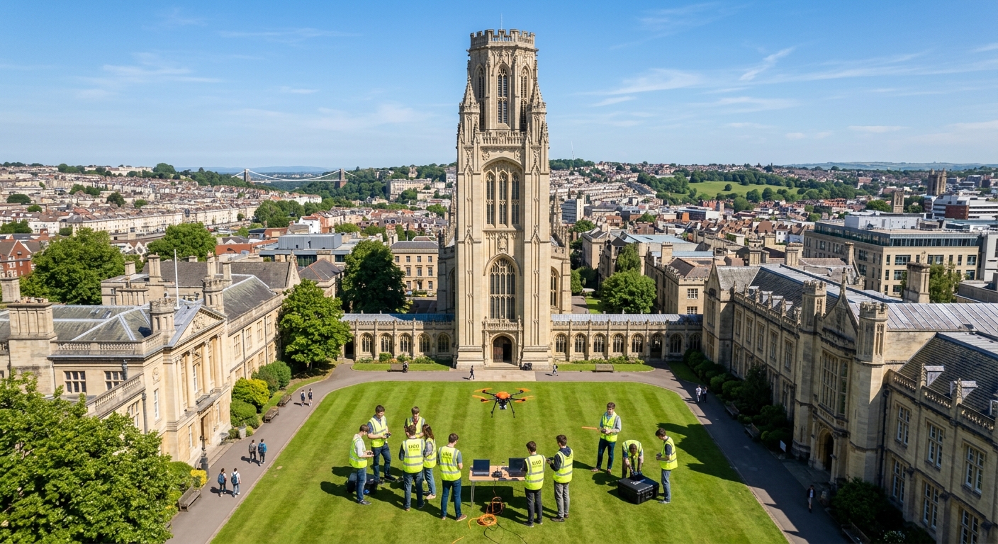 University of Bristol campus with the iconic Wills Memorial Building tower, drone flying over green quadrangle, engineering students working outdoors with UAV equipment, clear blue sky over Bristol cityscape