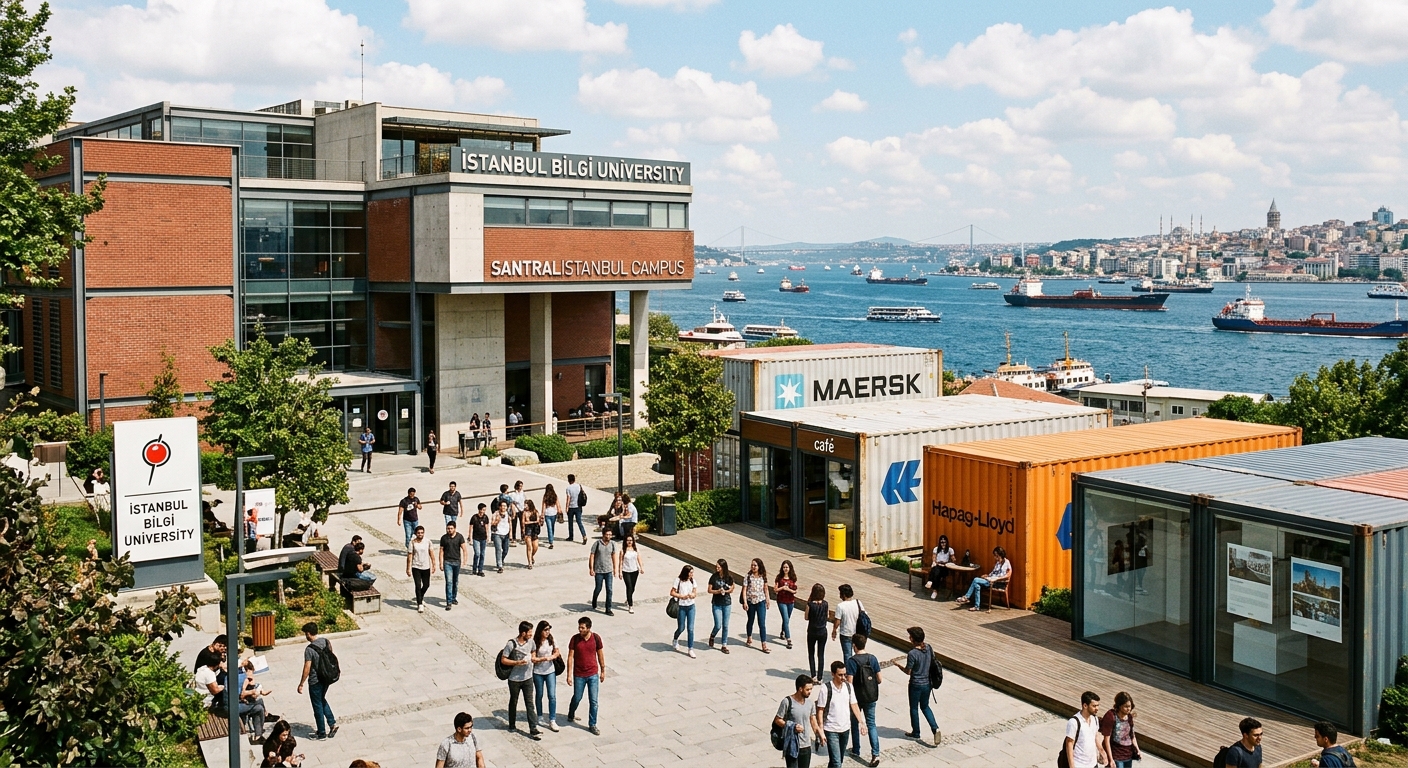 Modern Istanbul Bilgi University campus building with Bosphorus skyline in background, students walking through courtyard, shipping containers and logistics imagery subtly integrated, bright daylight