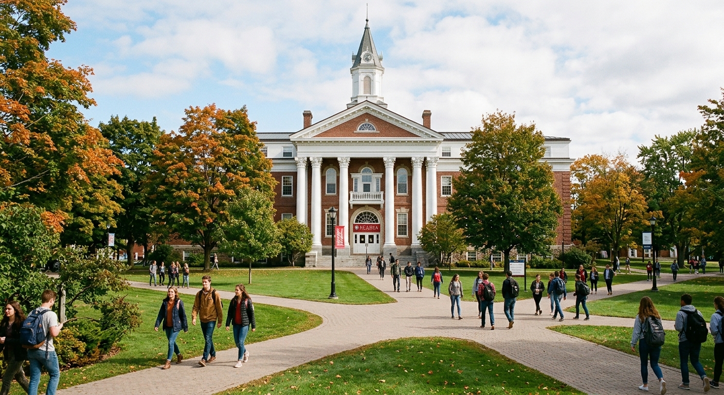 University Hall at Acadia University, a grand historic brick building with columns, surrounded by green lawns and mature trees, students walking on pathways