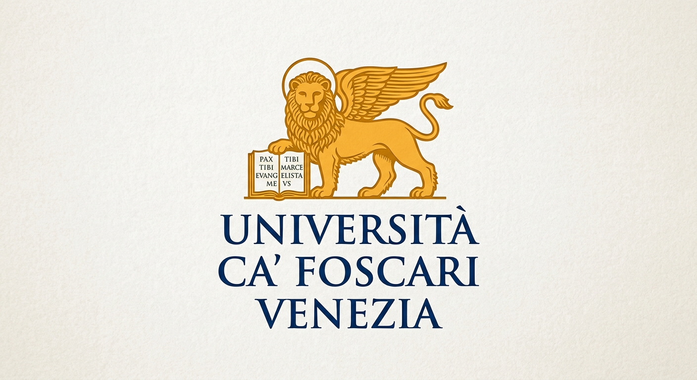 Ca' Foscari University of Venice official logo, stylized lion of St. Mark holding an open book, university name in dark blue text