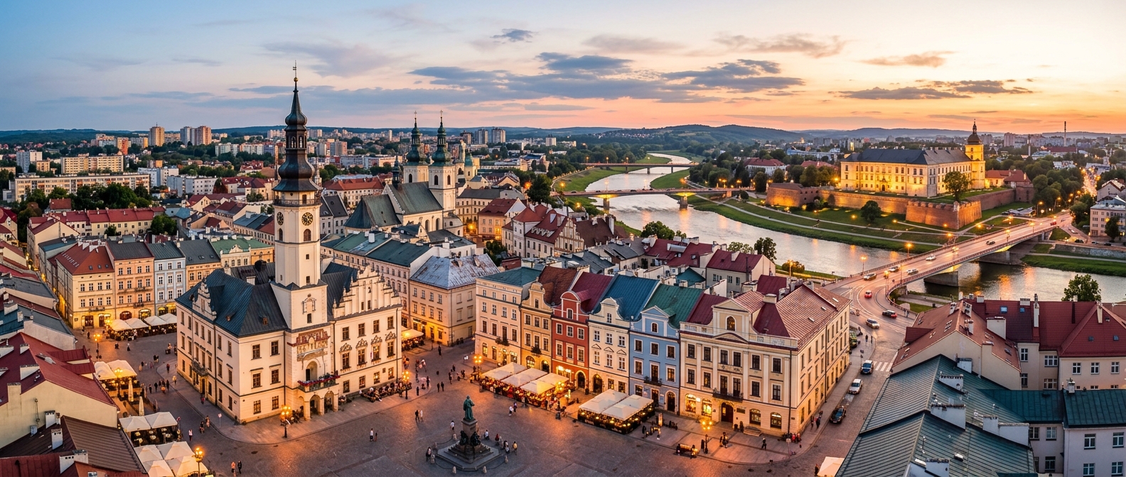 Panoramic view of Rzeszow Poland cityscape, historic Market Square with colorful buildings, City Hall, Wisłok River, Lubomirski Castle in background, warm evening light, European old town charm