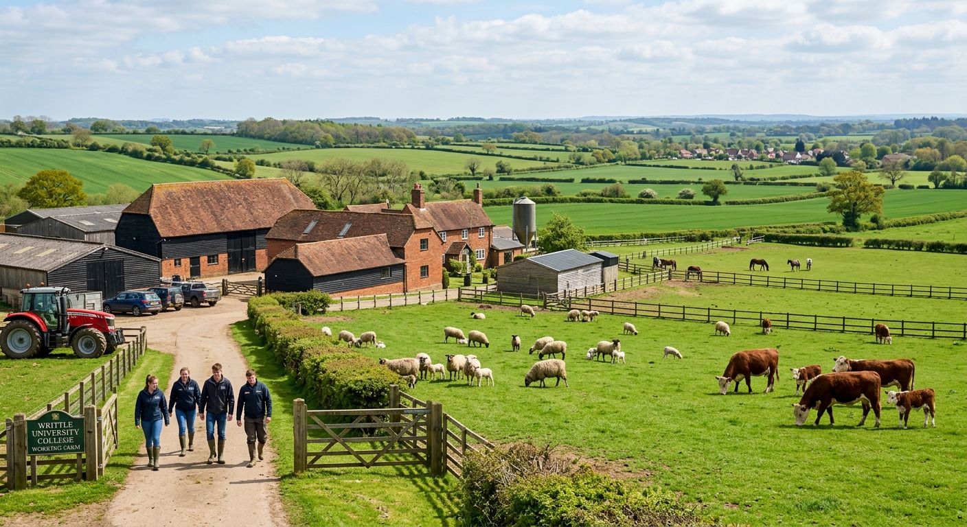 Writtle University College working farm with green pastures, livestock grazing, traditional farm buildings, Essex countryside backdrop, bright daylight