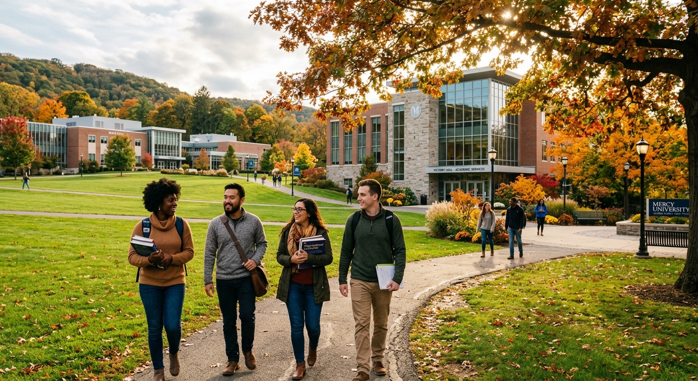 Mercy University campus in Dobbs Ferry New York with green lawns and modern academic buildings, diverse graduate students walking with books, warm autumn sunlight filtering through trees