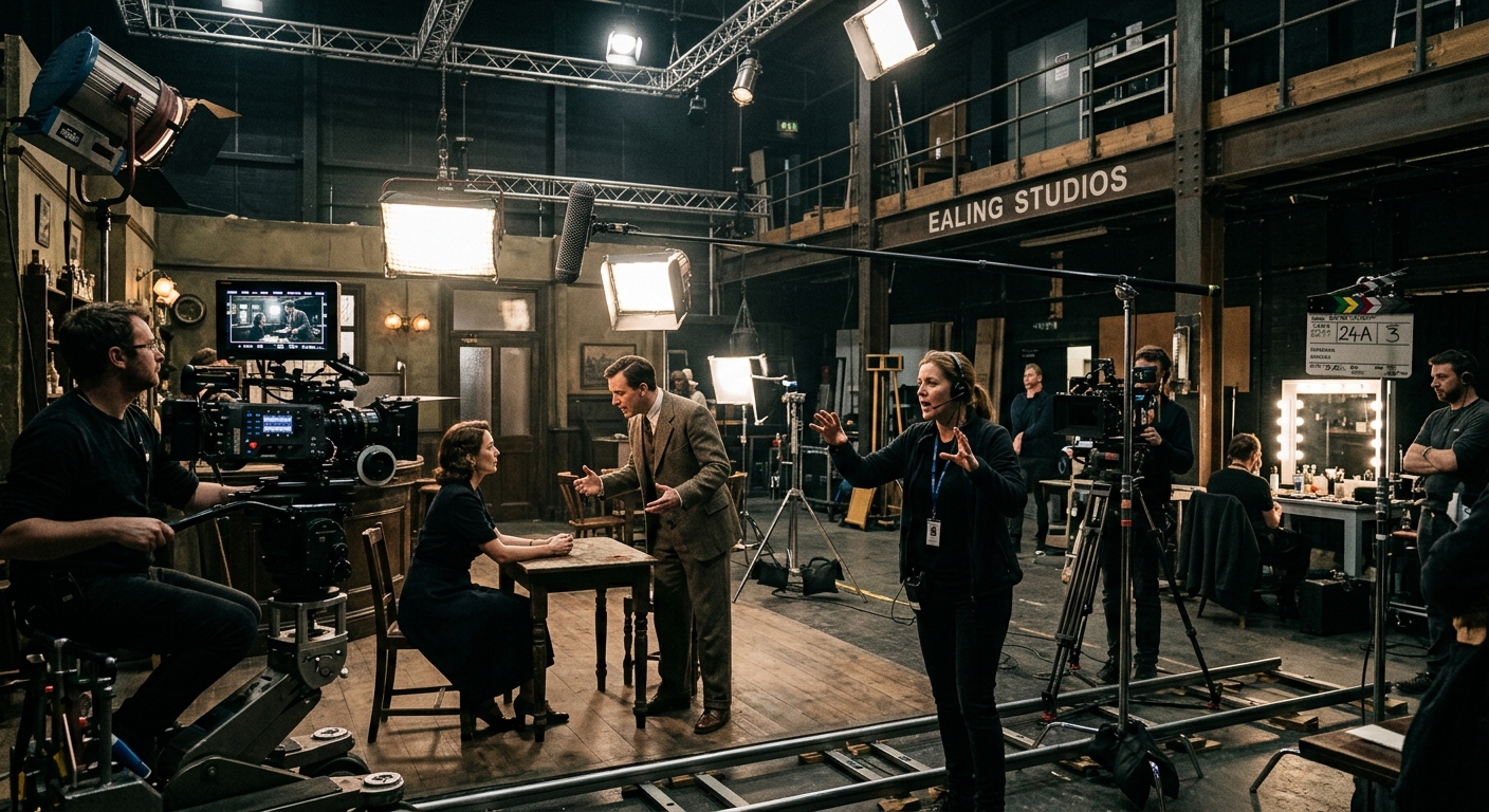 Professional film studio set at Ealing Studios London with dramatic lighting, camera equipment, and actors rehearsing a scene under the guidance of a director, creative atmosphere with industrial studio architecture