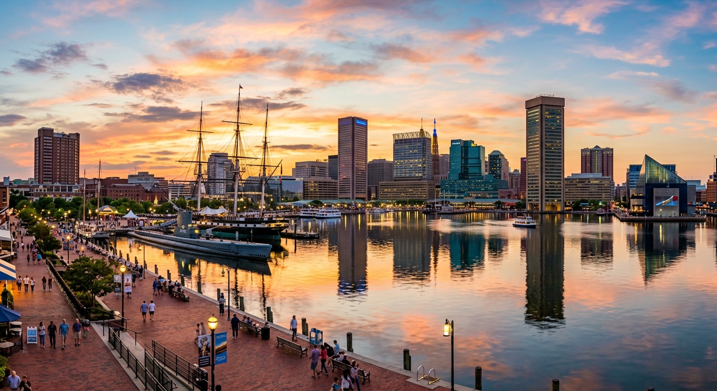 Baltimore Inner Harbor skyline at sunset, waterfront promenade, historic ships, modern buildings reflecting in calm harbor water, warm golden light, Maryland cityscape