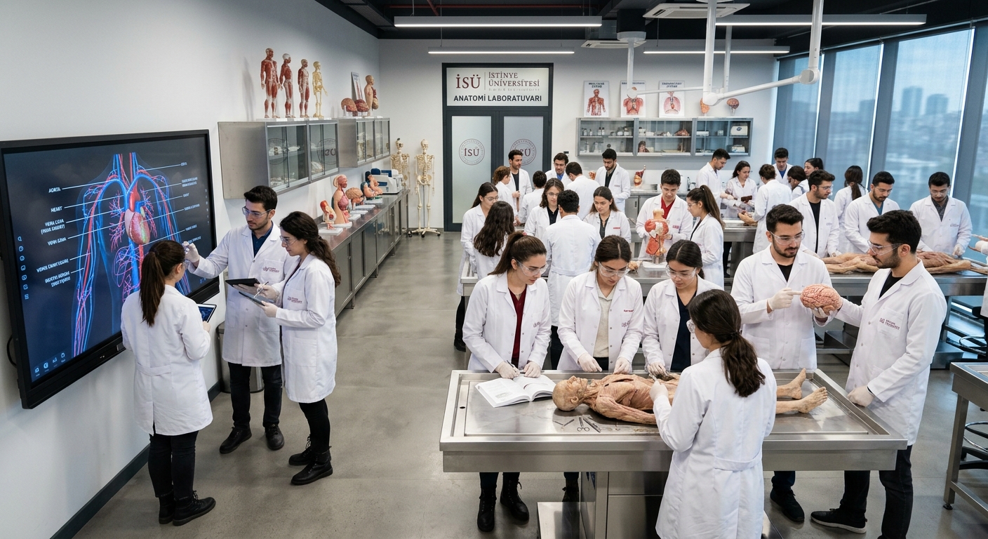 Modern anatomy laboratory at Istinye University Istanbul with anatomical models, dissection tables, digital screens displaying human body structures, and students in white lab coats studying specimens under bright clinical lighting