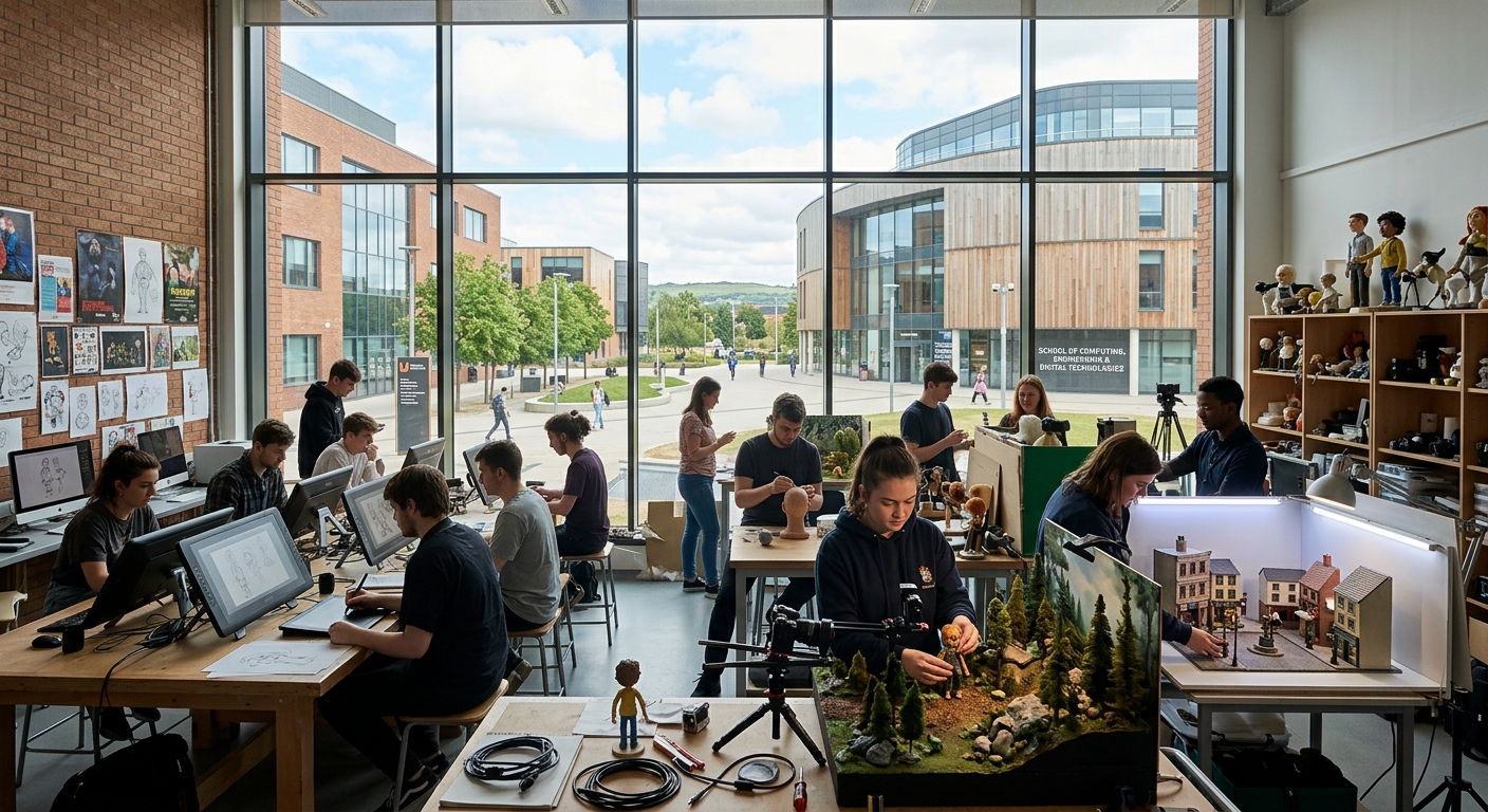 Teesside University campus in Middlesbrough with modern buildings, animation studio interior visible through large windows, students working on stop motion puppet sets and drawing tablets, vibrant creative atmosphere with natural lighting