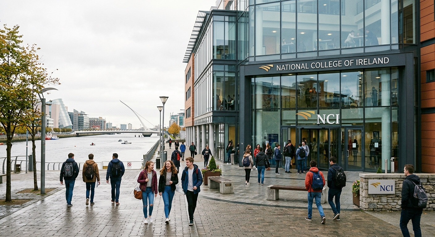 Modern glass-fronted National College of Ireland campus building at IFSC Dublin Docklands, students walking near the entrance, River Liffey visible in background, bright overcast sky typical of Dublin
