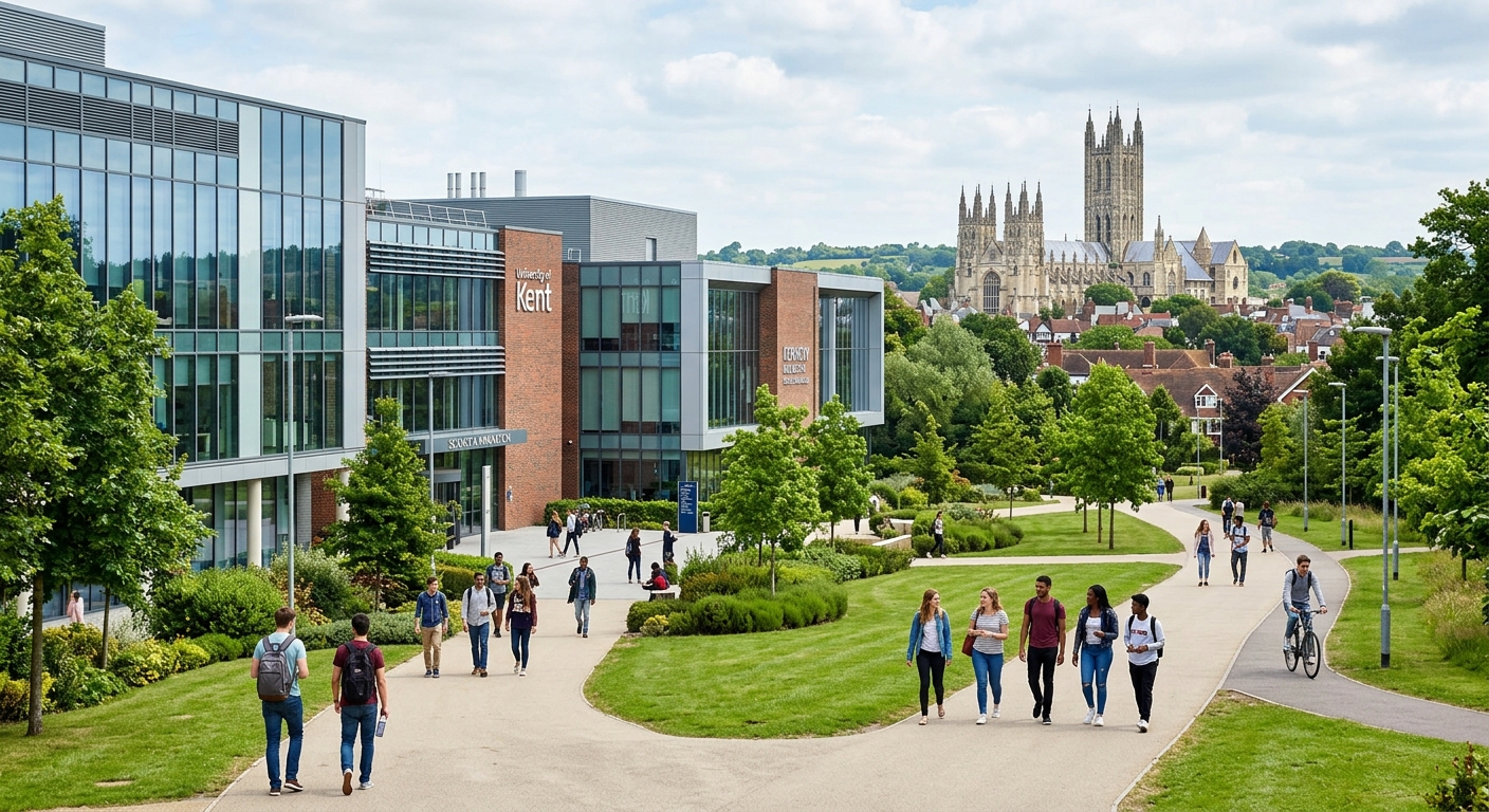 University of Kent Canterbury campus with modern science buildings and green parkland, students walking along pathways with Canterbury Cathedral visible in the background, bright daylight