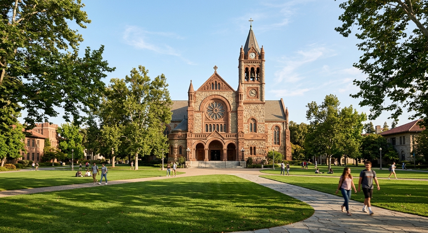 University of Redlands Memorial Chapel at the north end of the Quad, a stately stone building surrounded by green lawns and mature trees under warm sunlight
