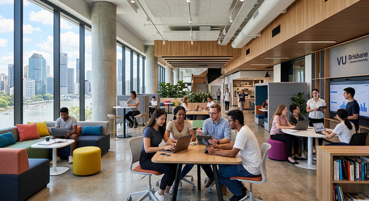 Modern VU Brisbane campus interior, open-plan collaborative learning space with students working in small groups, contemporary furniture, large windows with natural light