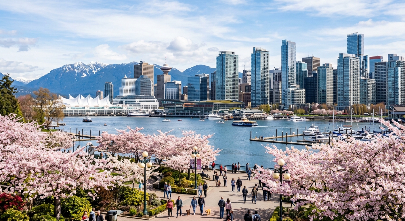 Vancouver city skyline with glass skyscrapers, waterfront harbour, snow-capped North Shore mountains in background, cherry blossom trees in foreground, vibrant urban landscape