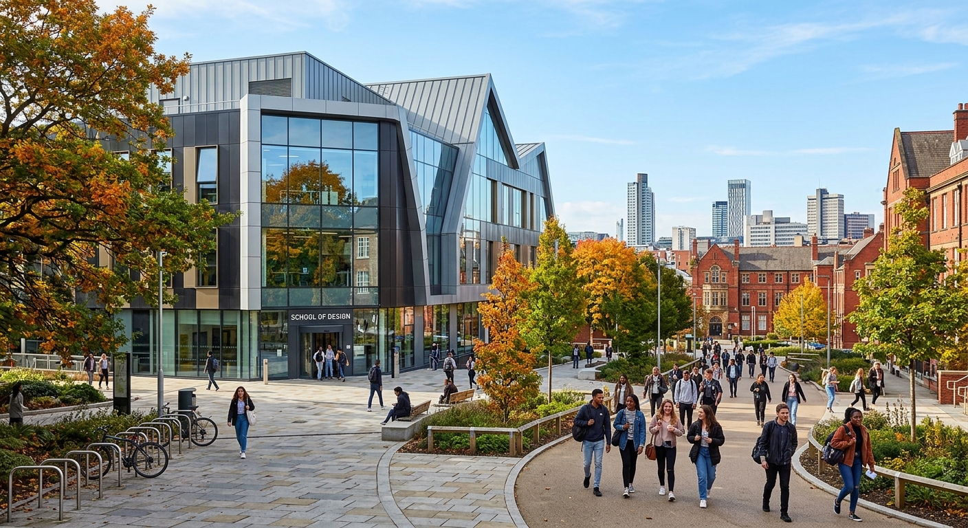 University of Leeds School of Design building exterior with modern architecture, students walking across campus, green trees and historic red-brick buildings in the background, Leeds city skyline visible