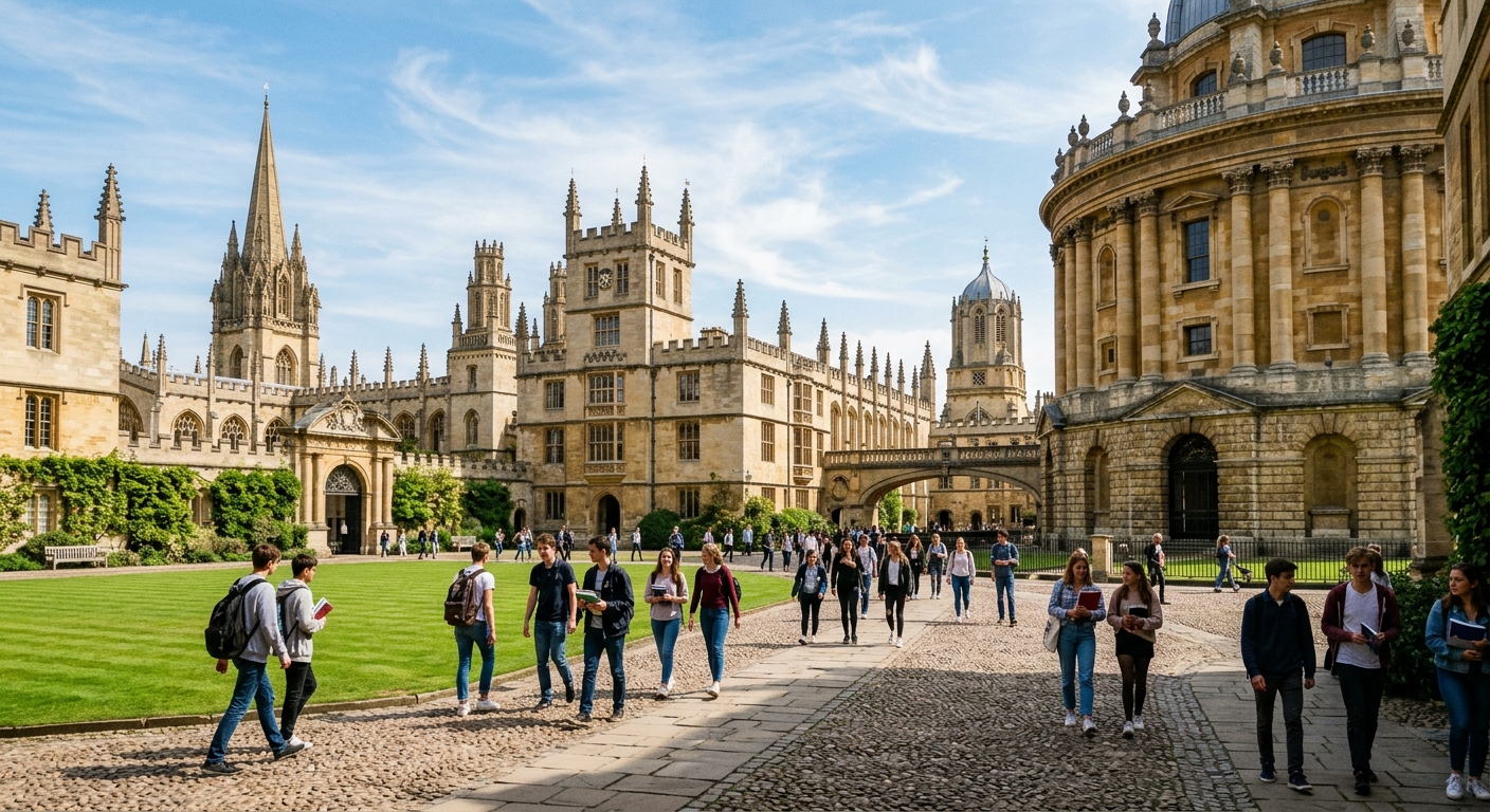 Historic University of Oxford campus with golden limestone Bodleian Library and Radcliffe Camera in background, students walking through cobblestone quad, lush green lawns, dreaming spires against a blue sky