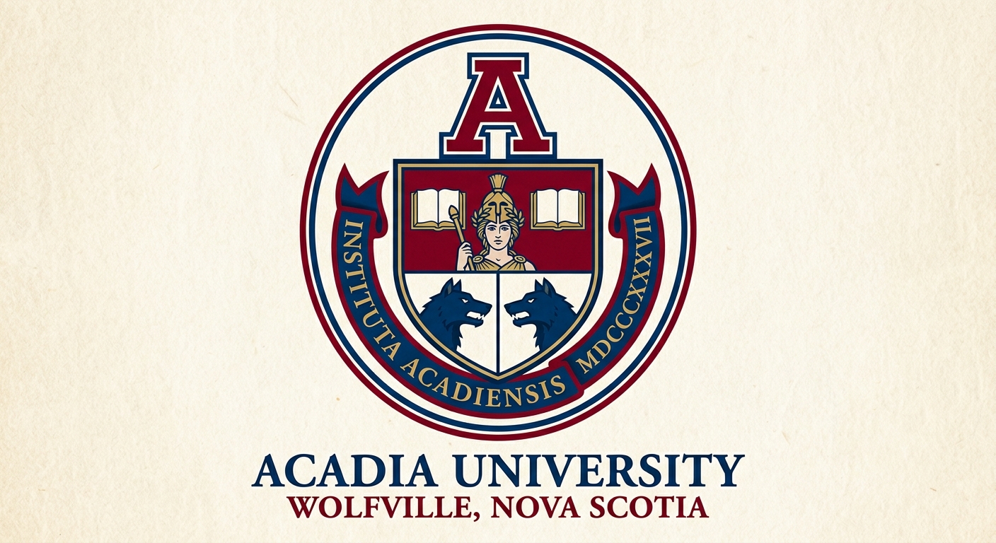Acadia University official logo featuring a stylized A in garnet and blue, with the university crest depicting the Greek goddess Athena and open books with wolf heads