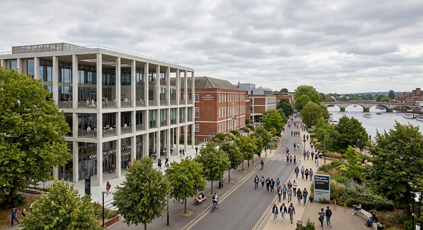 Kingston University Penrhyn Road campus wide shot with the award-winning Town House building, red brick architecture, students walking along tree-lined paths, River Thames visible in background, overcast British sky