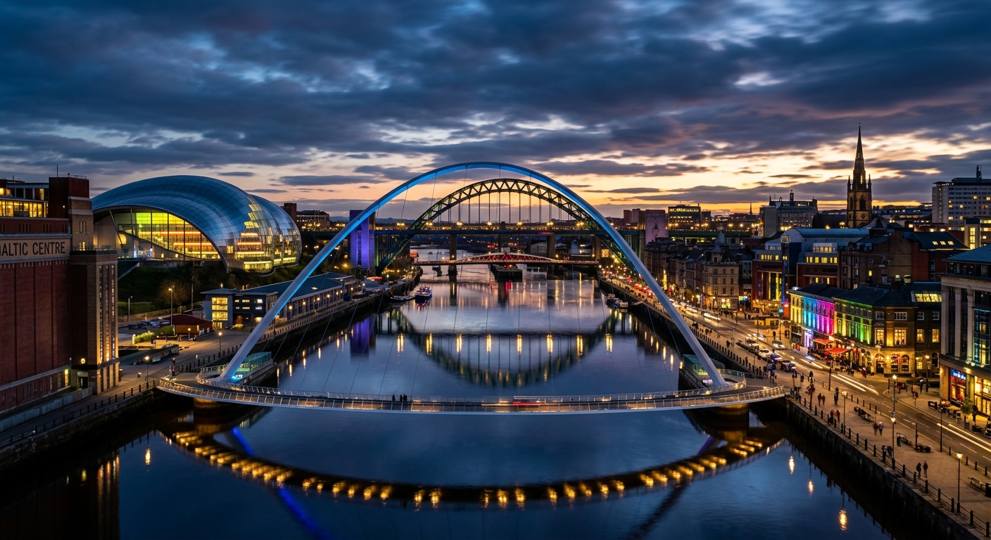 Newcastle upon Tyne cityscape showing the iconic Tyne Bridge and Gateshead Millennium Bridge over the River Tyne, colourful quayside buildings, dramatic evening sky with city lights reflecting on the water