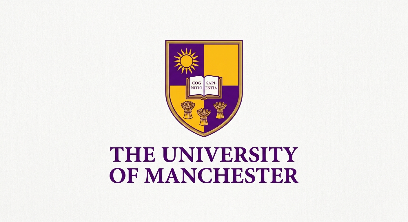 University of Manchester official logo featuring the university crest with a sun and three sheaves of wheat on a purple and gold shield, with the text The University of Manchester
