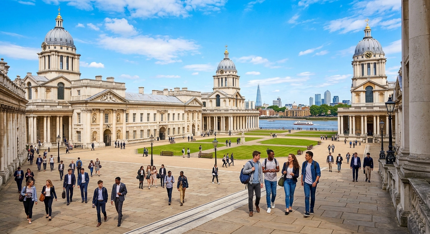 University of Greenwich historic campus at the Old Royal Naval College, baroque architecture along the River Thames, students walking through the grand courtyard, UNESCO World Heritage Site, bright daylight with blue sky