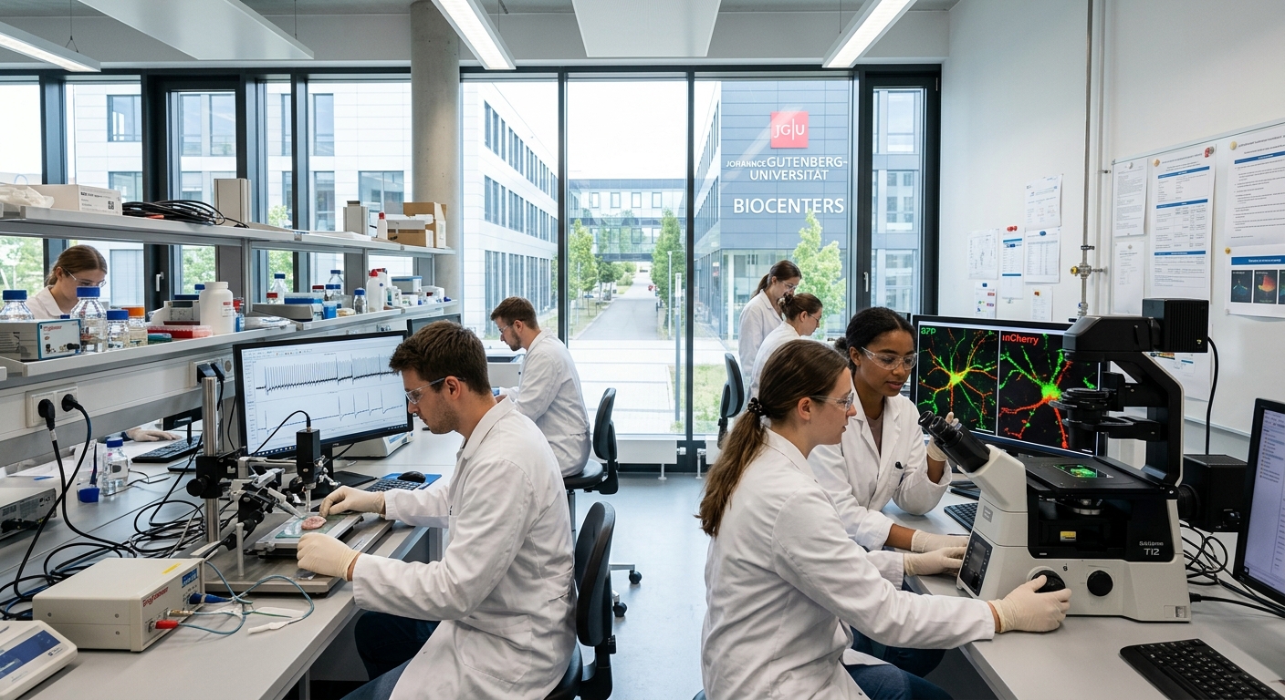 Modern neuroscience research laboratory at Johannes Gutenberg University Mainz, students using fluorescence microscopes and electrophysiology equipment, bright lab with neural imaging screens, BioCenters building visible through windows