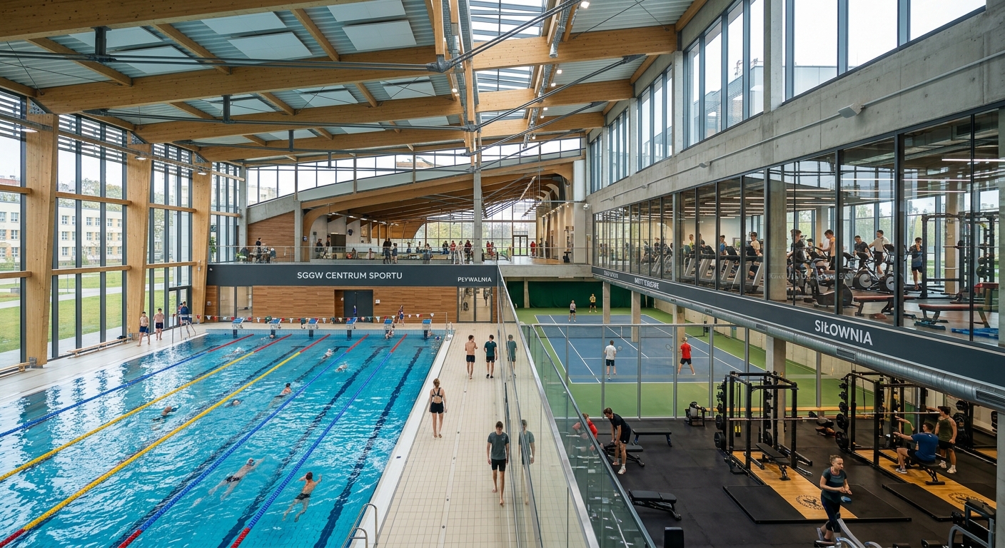 SGGW sports center with indoor swimming pool, tennis courts, and modern gym facility, students exercising, contemporary architecture