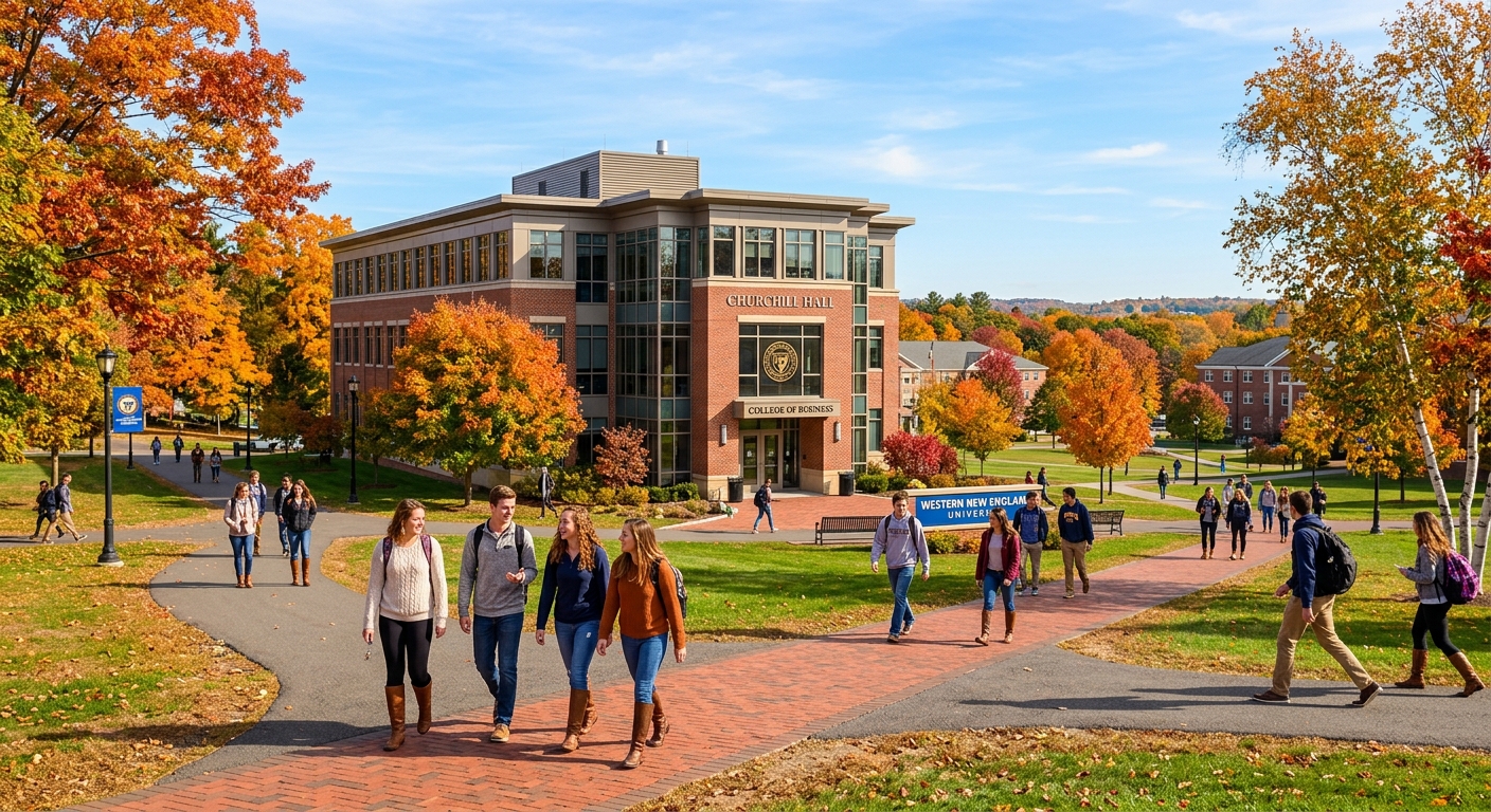 Western New England University campus in Springfield Massachusetts, Churchill Hall College of Business building with autumn foliage, students walking on pathways across the 215-acre campus