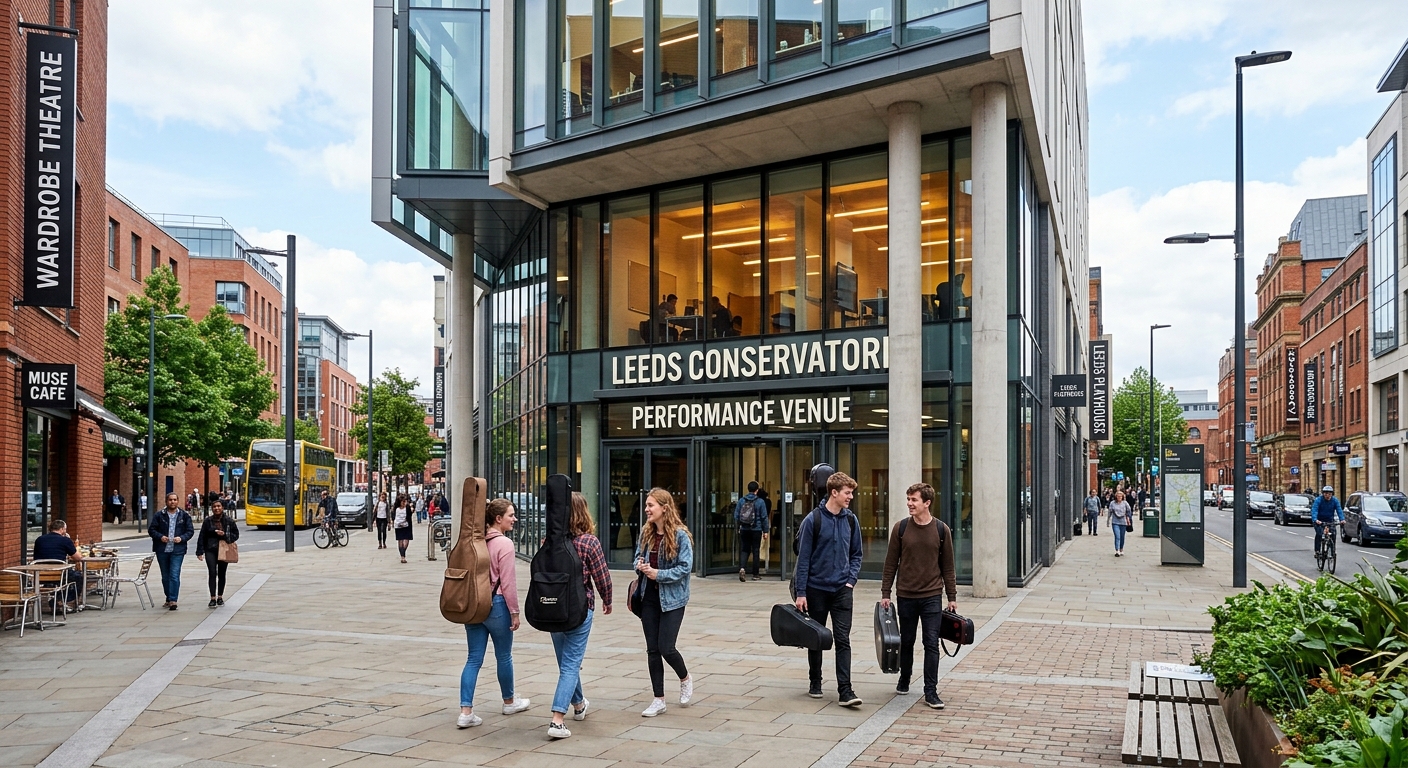 Modern conservatoire building in Leeds city centre with glass facade, students carrying guitars and instruments entering the building, vibrant urban cultural quarter setting with performance venue signage