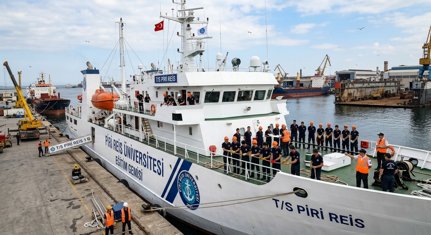 Piri Reis University training ship docked at Tuzla port, large white vessel with university markings, students on deck during practical training session