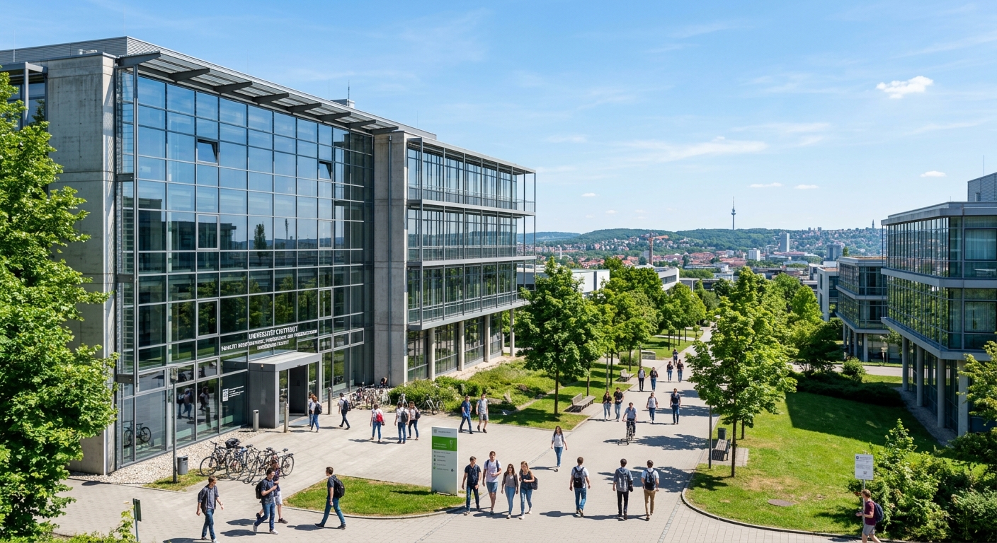 Modern university campus building at University of Stuttgart Vaihingen, engineering faculty with glass facade, students walking along tree-lined pathways, clear sky over Stuttgart cityscape in the background
