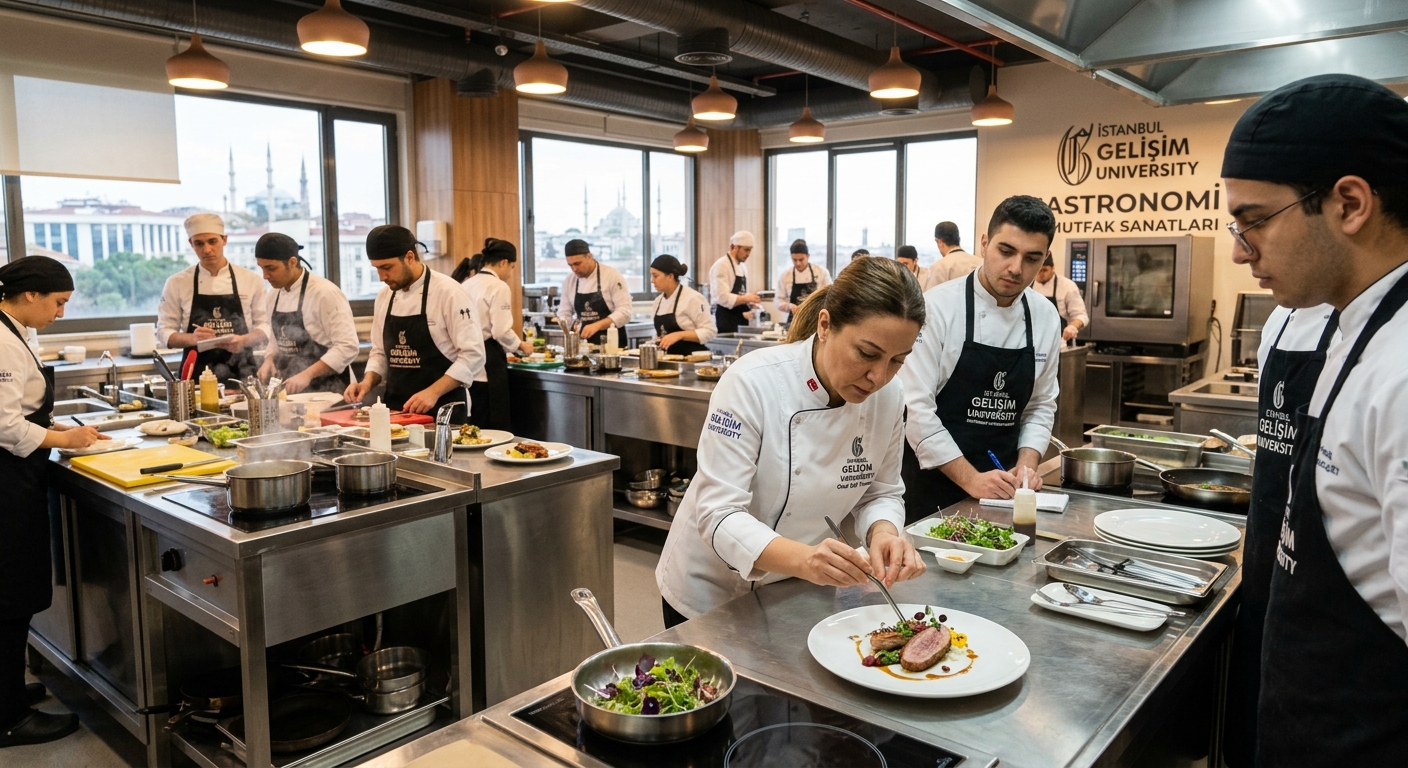 Modern professional culinary workshop at Istanbul Gelisim University with stainless steel kitchen stations, students in chef whites preparing dishes, expert instructor demonstrating plating techniques, warm ambient lighting and contemporary design