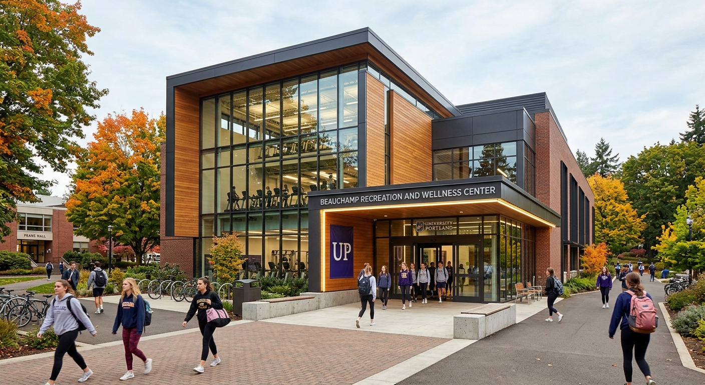 Beauchamp Recreation and Wellness Center at University of Portland, contemporary fitness facility exterior with students entering
