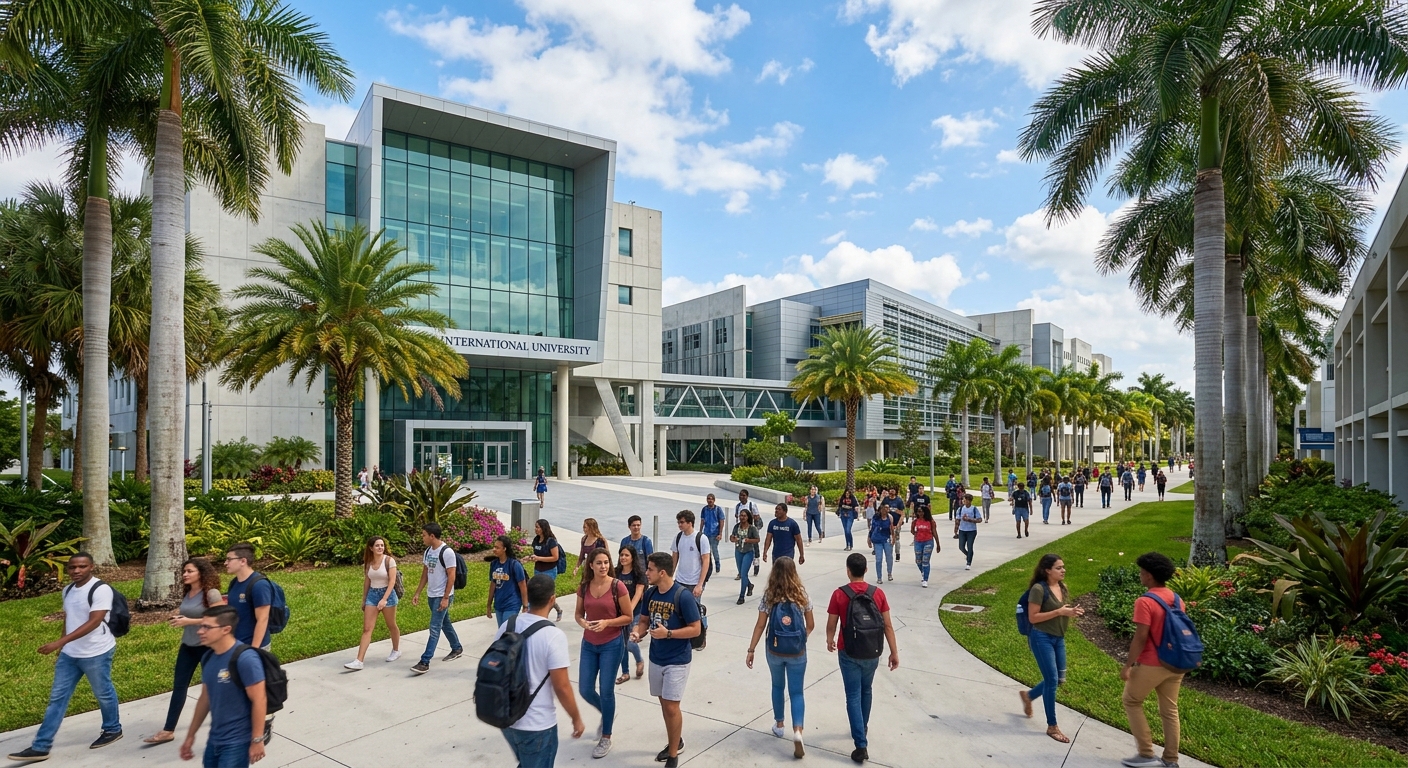 Modern Florida International University campus in Miami with tropical landscaping, students walking between contemporary academic buildings under blue sky, palm trees lining pathways near the Modesto A. Maidique Campus