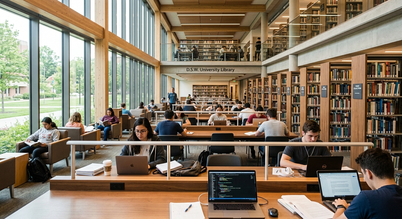 DSW University library interior with bookshelves, reading areas, modern study spaces, students studying at desks with laptops