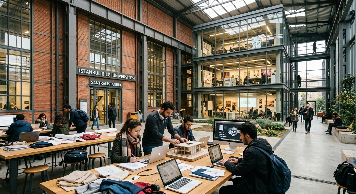 Istanbul Bilgi University santralistanbul campus with modern design studios, creative workspaces, and students collaborating on visual projects, industrial heritage architecture with contemporary glass additions, warm daylight