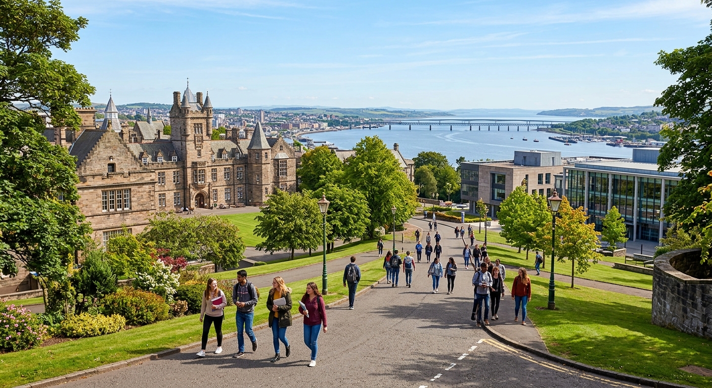 University of Dundee campus in Scotland with historic stone buildings and modern facilities, students walking along tree-lined pathways, view of the River Tay in the background under a clear sky