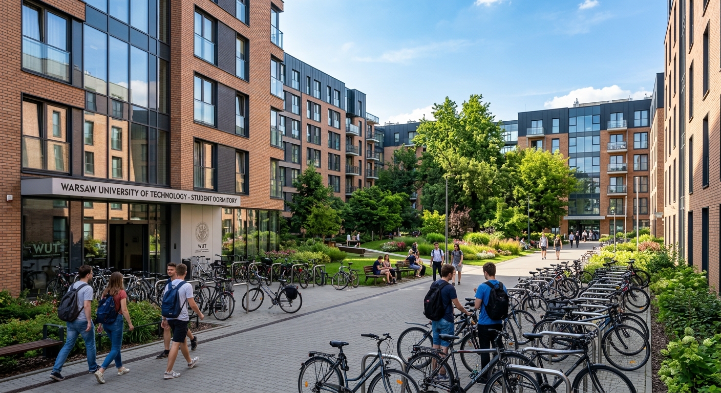 Warsaw University of Technology student dormitories, modern multi-story residential buildings, green courtyard, bicycles parked outside, sunny day
