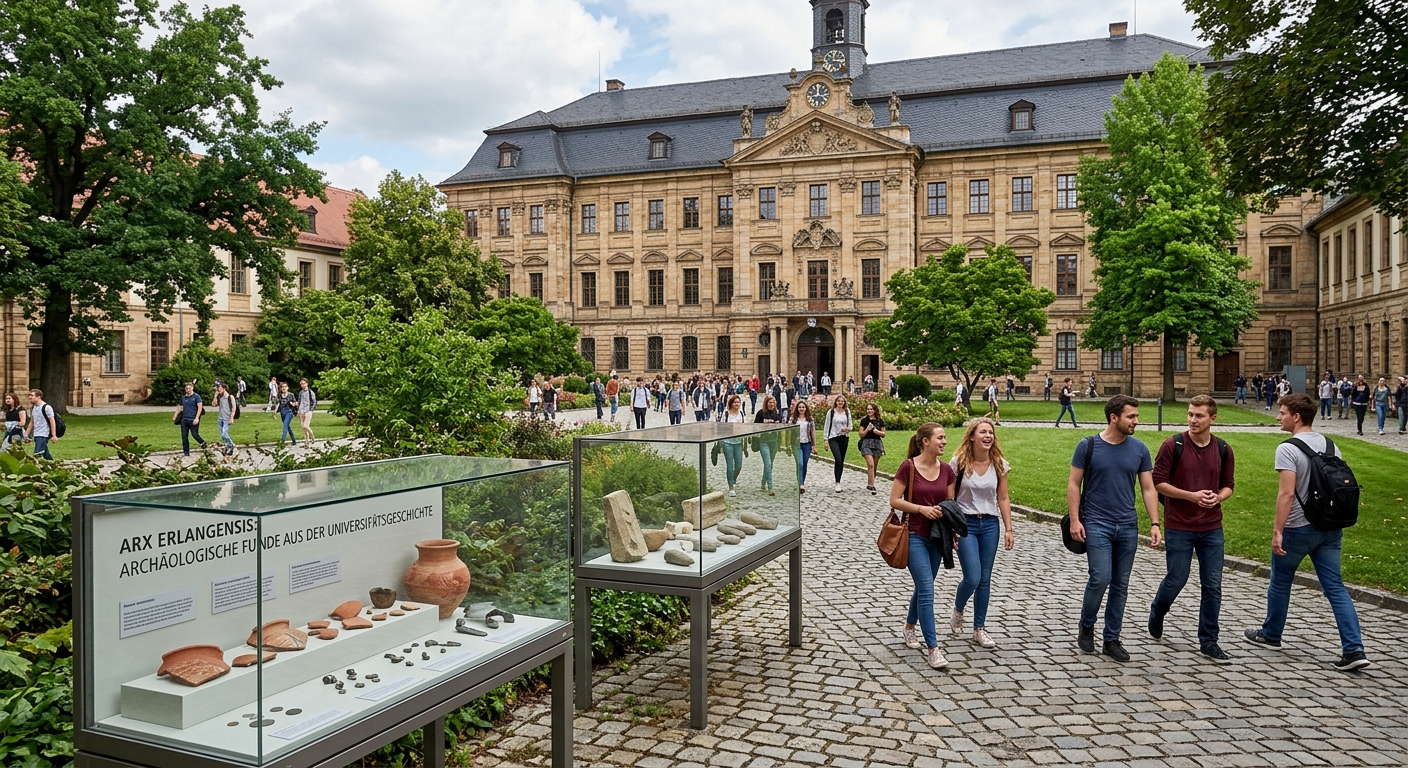 Historic university building at Friedrich-Alexander-Universität Erlangen-Nürnberg with Baroque architecture, green courtyard, students walking along cobblestone paths, archaeological artifacts displayed in glass cases in foreground