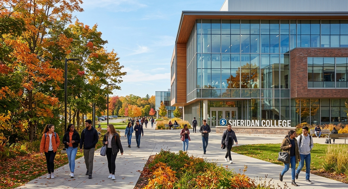 Modern Sheridan College campus building with glass facade, students walking along tree-lined pathways, Ontario Canada setting with autumn foliage and clear sky